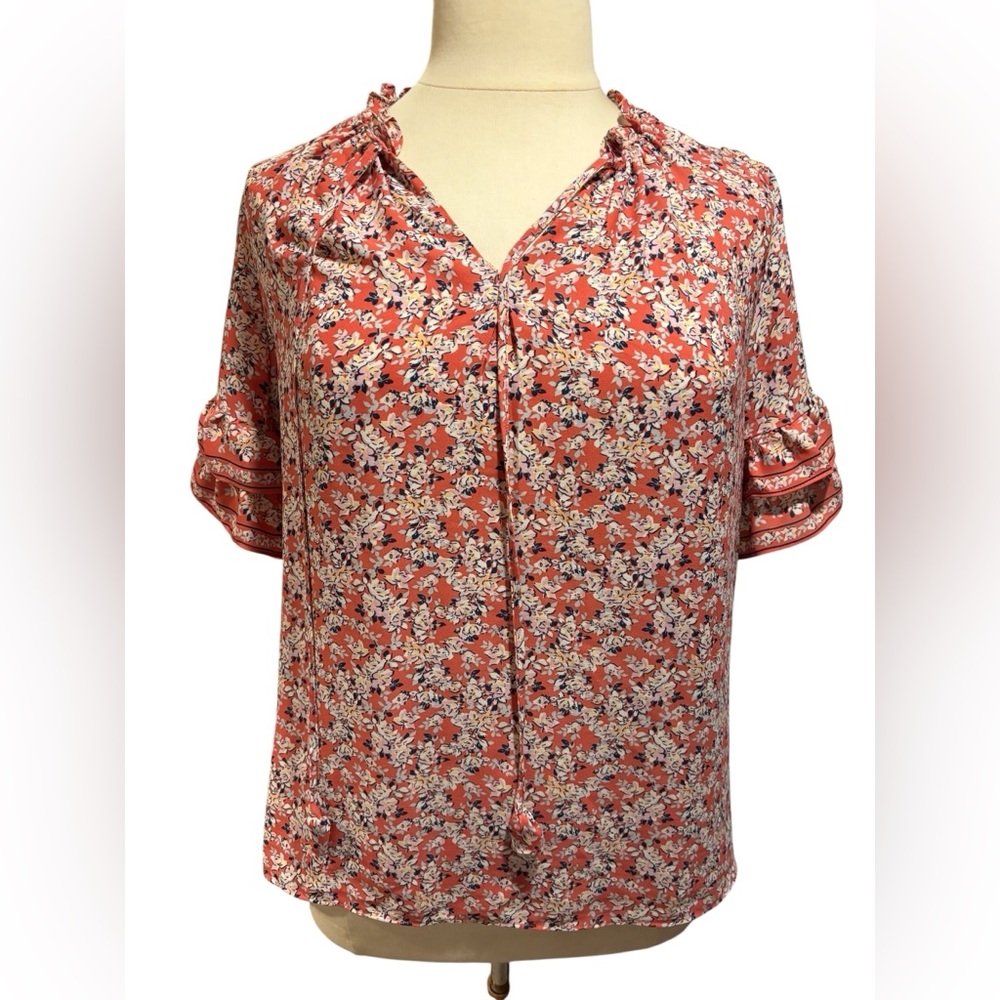 Max Studio Coral Floral Tiered Ruffle Sleeve Tie Neck Blouse 2X #221
